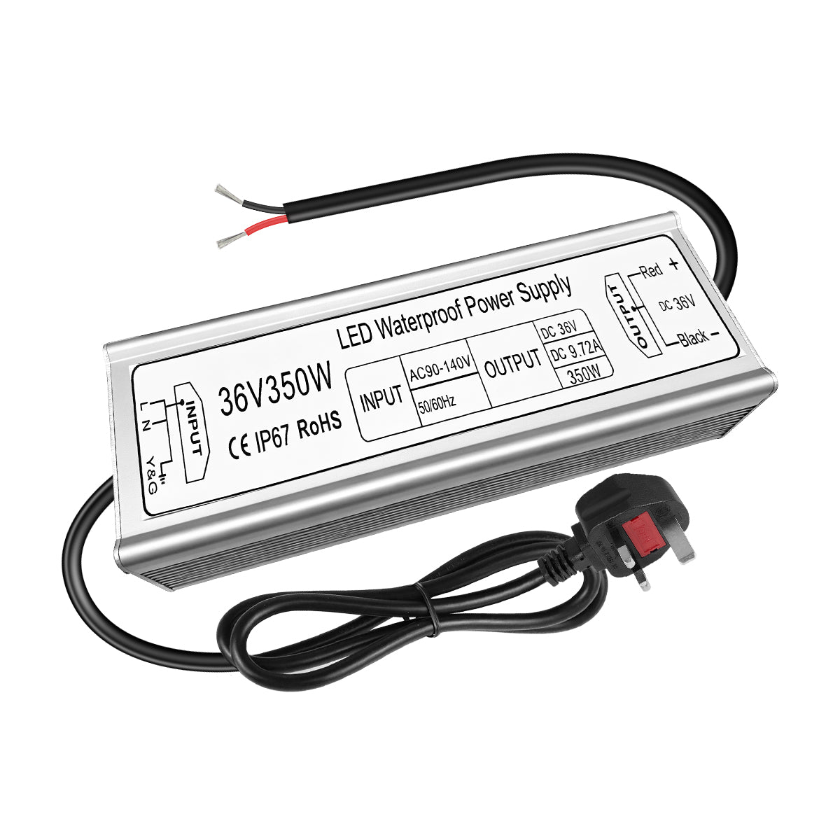 36V LED Power Supply, 175–265V Input, 100W–400W, Aluminum Housing, Constant Voltage Transformer, IP67 Waterproof SMPS, CE/RoHS/FCC — UK/EU Plug & Wire Leads Options