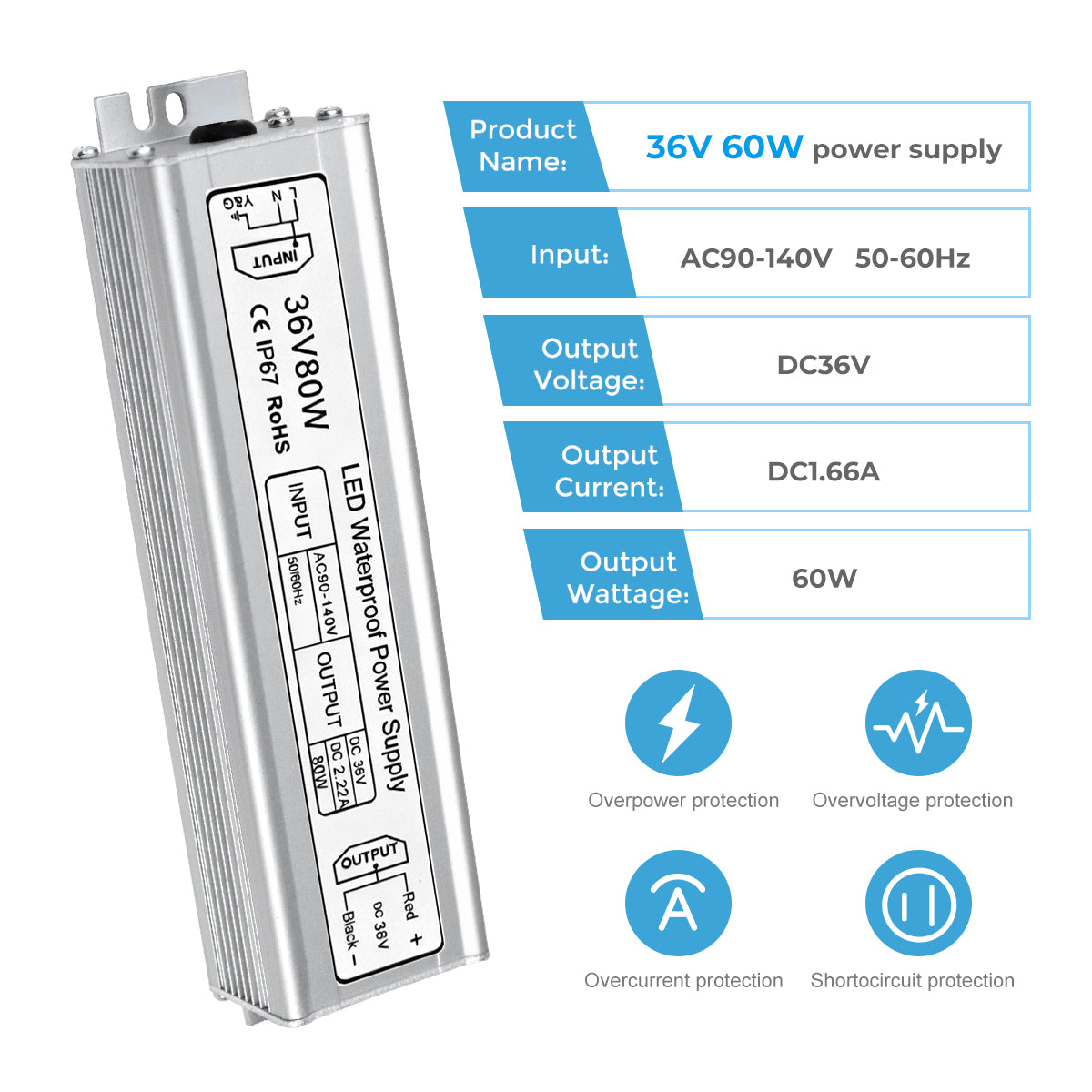 36V Waterproof LED Power Supply 60W–80W, 90–265V AC Input, Single Output Transformer, IP67 SMPS, Aluminum Housing, CE/RoHS/FCC — US/UK/EU Plug & Wire Leads Options