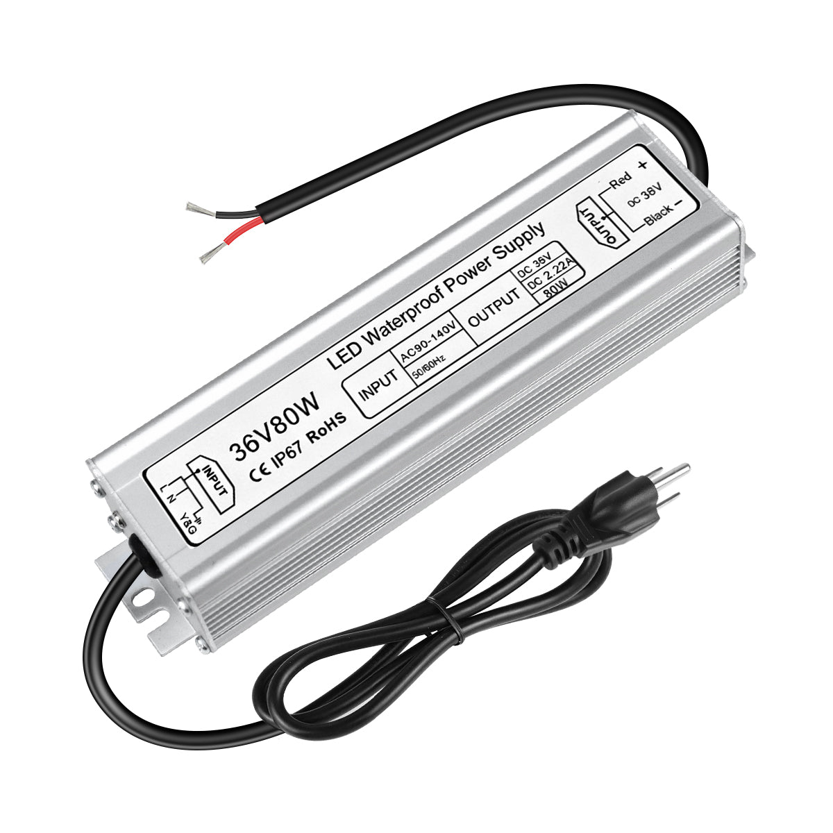 36V Waterproof LED Power Supply 60W–80W, 90–265V AC Input, Single Output Transformer, IP67 SMPS, Aluminum Housing, CE/RoHS/FCC — US/UK/EU Plug & Wire Leads Options
