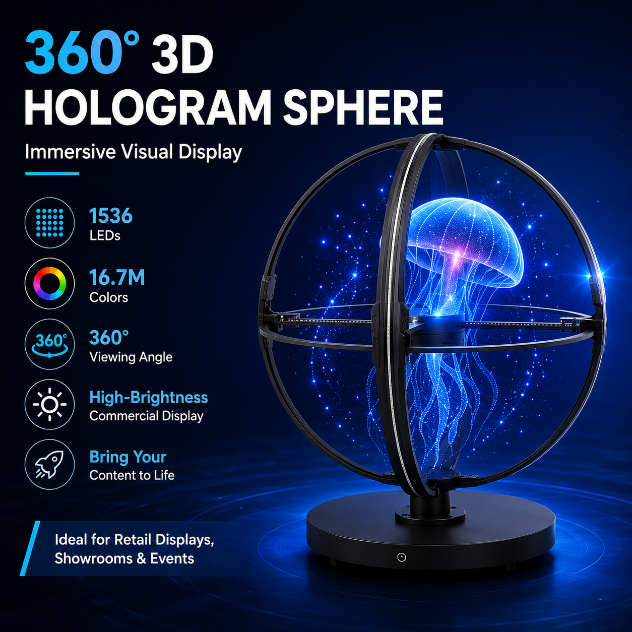 SPH-CL Series 50cm (19.7 inch) Medium Size | 3D Hologram Fan LED Display | Sphere Fan Cloud Control (AS) | LED Holographic Display | Fan Only | 4 Blades, Base Included, Power Adapter Included