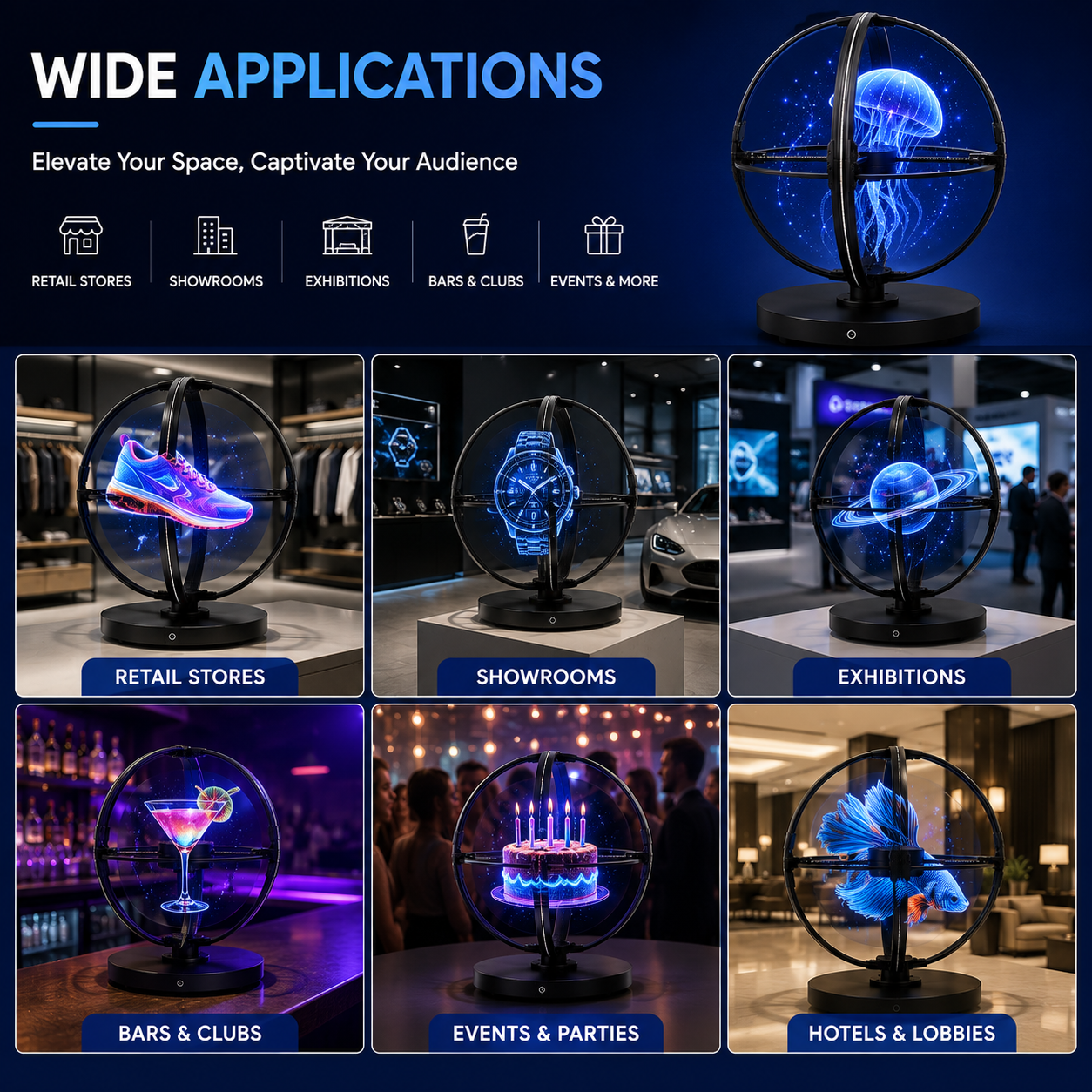 SPH-CL Series 50cm (19.7 inch) Medium Size | 3D Hologram Fan LED Display | Sphere Fan Cloud Control (AS) | LED Holographic Display | Fan Only | 4 Blades, Base Included, Power Adapter Included