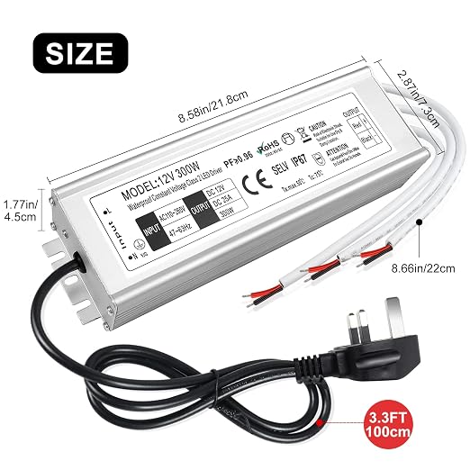 12V Waterproof LED Power Supply 300W, 90–265V Input, Single/Dual/Triple Wire Output, Aluminum Housing, Outdoor LED Driver, CE/RoHS/FCC —US/UK/EU Plug & Wire Leads Options
