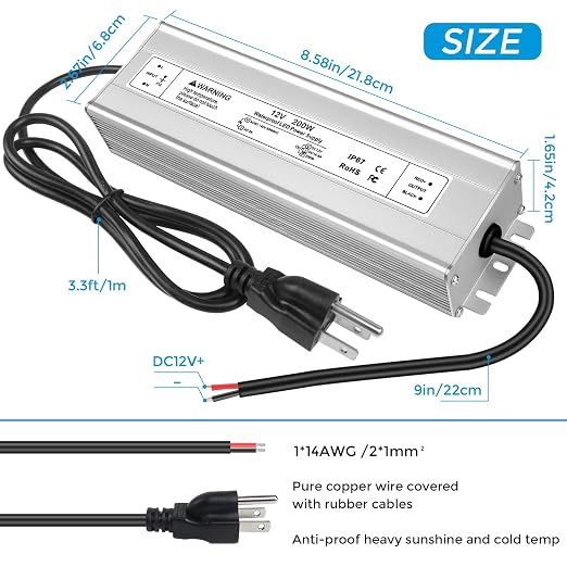 12V Waterproof LED Transformer, 90–140V Input, 200W–500W, Single/Dual Wire Output, Aluminum Housing, CE/RoHS/FCC — US Plug & Wire Leads Options