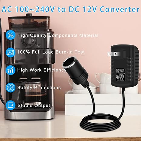 DC 12 V Zigarettenanzünder-Netzteiladapter 12 W–36 W, AC 100–240 V auf 12 V Konvertertransformator, Autosteckdosenladegerät für Pumpe, Kühler, LED-Leuchten – US-Stecker 
