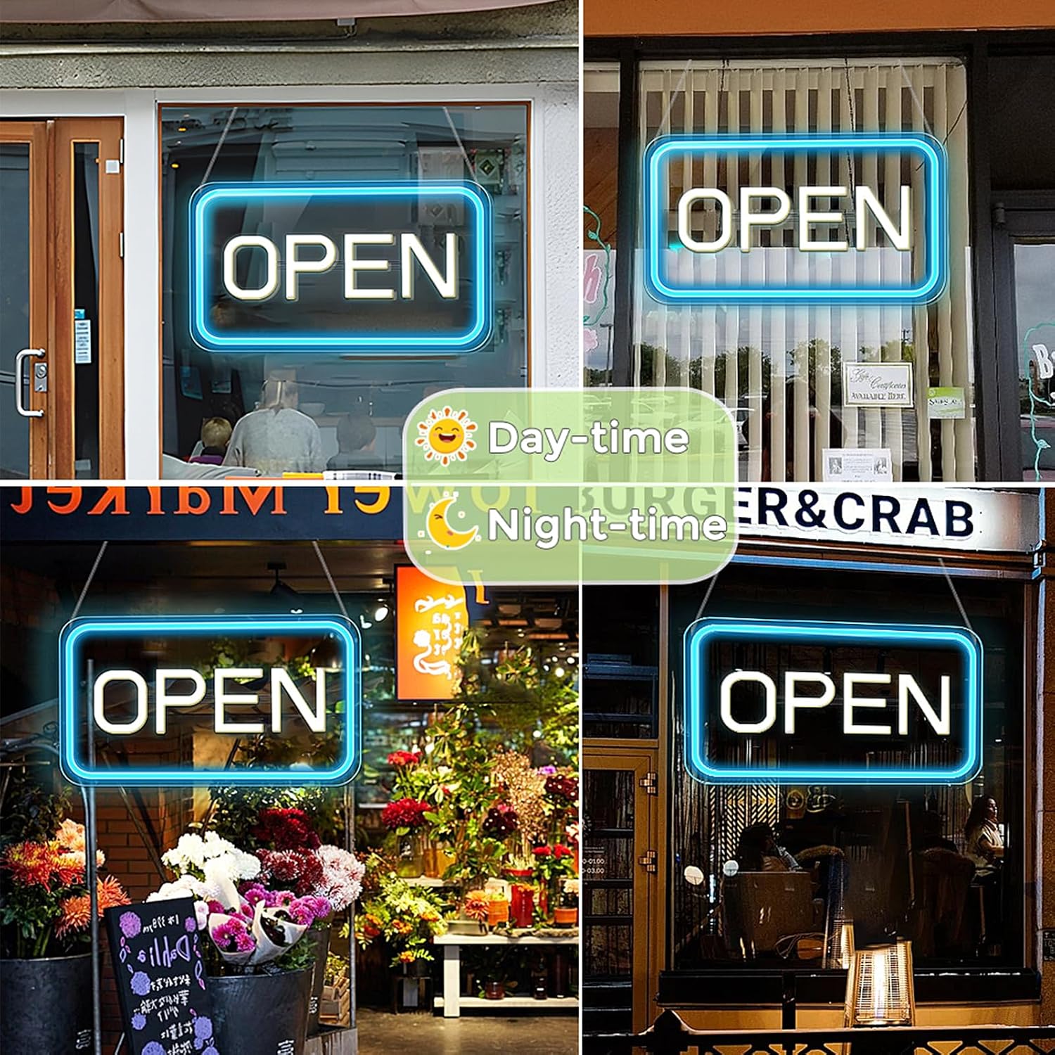 Enseigne néon verticale « OPEN » – Alimentation USB | 44 × 24 cm | 6 couleurs | Suspension LED pour vitrine