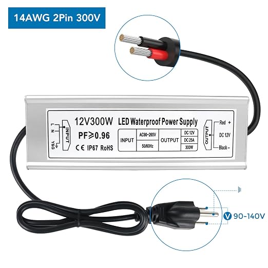 12V Waterproof LED Power Supply 300W, 90–265V Input, Single/Dual/Triple Wire Output, Aluminum Housing, Outdoor LED Driver, CE/RoHS/FCC —US/UK/EU Plug & Wire Leads Options
