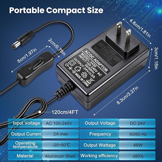 DC 24V Power Supply Adapter with On/Off Switch, 48W/72W Options, US Plug, Black Housing, 100–240V AC Input, Wall Plug Charger for LED Strip Lights and Electronics