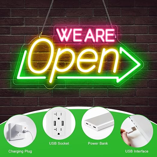 Wir haben geöffnet – Neonschild mit Sonnenblumen-Dekor – USB-Version | Warmweiß / Gelb &amp; Weiß | 17×9 Zoll / 24×13 Zoll | DC 5 V LED-Fensterleuchte für Geschäftsdekor