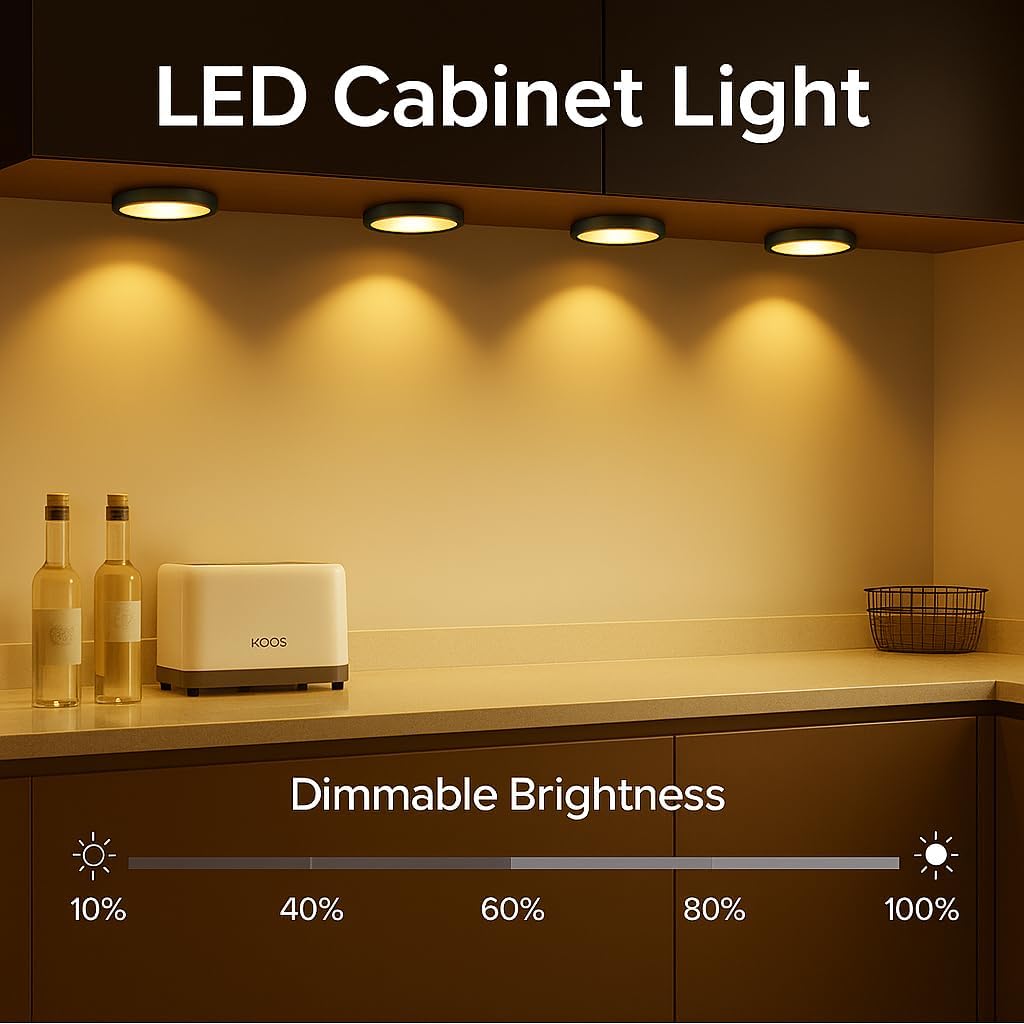 3 Pack LED Puck Cabinet Lights – Warm White / Daylight White | Black Finish | 12V Adapter with US / UK Plug | Touch Dimmable | Adhesive Mount | for Kitchen & Under Cabinet