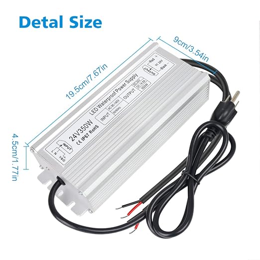 24V Waterproof LED Transformer, 90–140V Input, 200W–500W, Single/Dual Wire Output, CE/RoHS/FCC — US Plug & Wire Leads, Aluminum Housing, Outdoor Lighting Adapter