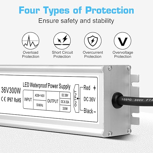 36-V-LED-Netzteil (Konstantspannung), 90–140 V Eingang, 100–400 W, Einzelausgang, IP67 wasserdicht, CE/RoHS/FCC – US-Stecker und Kabeloptionen 