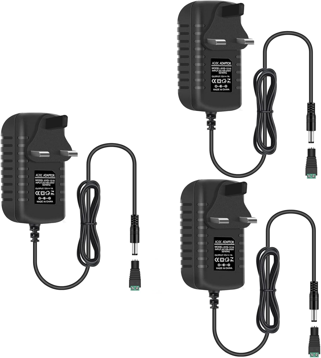 12-V-Netzteiladapter 12 W/24 W, AC 100–240 V Eingang, Wandstecker-Transformator, schwarzes Gehäuse – US/UK-Stecker, LED-Treiber für Streifen/CCTV/Elektronik 