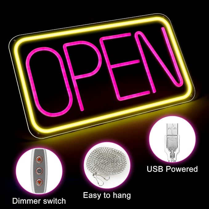 LED-Neonschild „OPEN“ – rechteckig | 4 Leuchtfarbenoptionen | 16×9 / 23×12 Zoll | Fensteraufhängung | Plug &amp; Play für Schaufenster