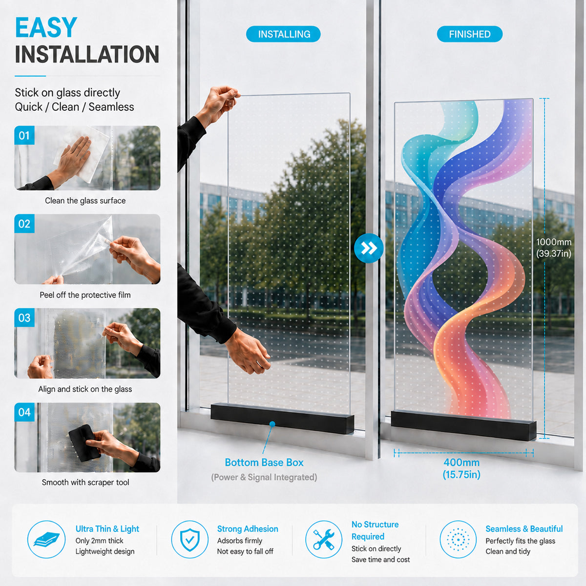 【Standard Modular Panel】HC Series P20 Ultra-Thin Adhesive Transparent LED Film – 400×1000 mm (15.75×39.37 in) | 2000nits | 95% Transparency Glass Display for Facades & Exhibition | Multiple Kit Options | Plug & Play