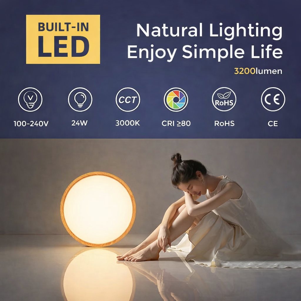 AC 220–240 V runde LED-Deckenleuchte – Holzmaserung – 24 W – 3000 K / 4500 K / 5000 K / 6500 K – Deckenleuchte zur Unterputzmontage – Lokaler Lagerbestand (UK/DE)