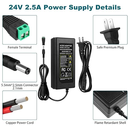 DC 24V Desktop Power Supply Adapter 60W–120W, AC 100–240V Input, Switching Transformer Charger with US Plug — for LED Strip Lights, 3D Printers, CCTV, and Electronics
