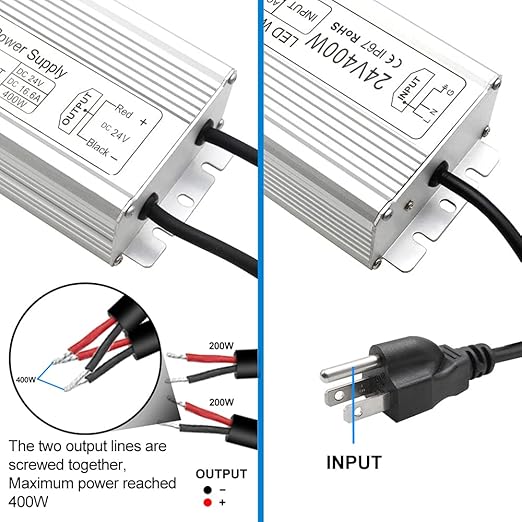 24V Waterproof LED Transformer, 90–140V Input, 200W–500W, Single/Dual Wire Output, CE/RoHS/FCC — US Plug & Wire Leads, Aluminum Housing, Outdoor Lighting Adapter