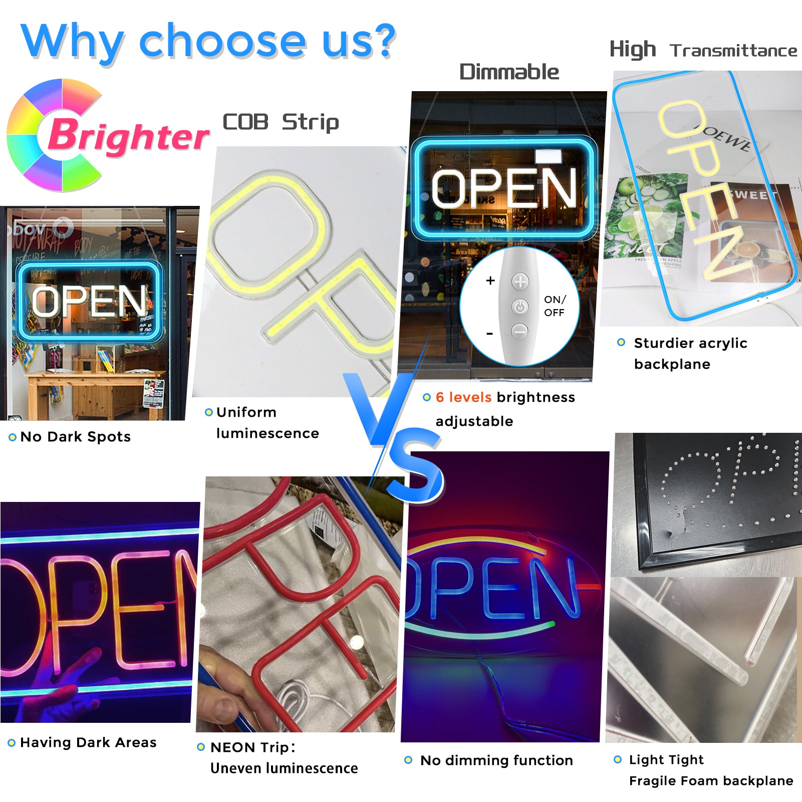 Enseigne néon verticale « OPEN » – Alimentation USB | 44 × 24 cm | 6 couleurs | Suspension LED pour vitrine