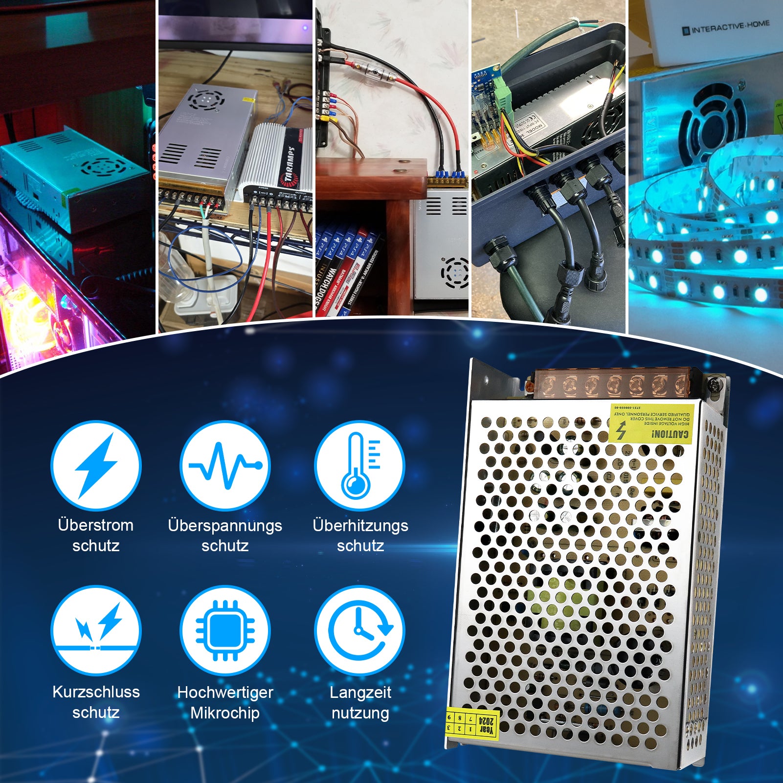 Alimentation à découpage CC 5 V 10 W–300 W, entrée CA 110/220 V, transformateur pour bande LED, boîtier métallique industriel avec bornes, certifié CE/FCC/RoHS (300 W avec ventilateur) 