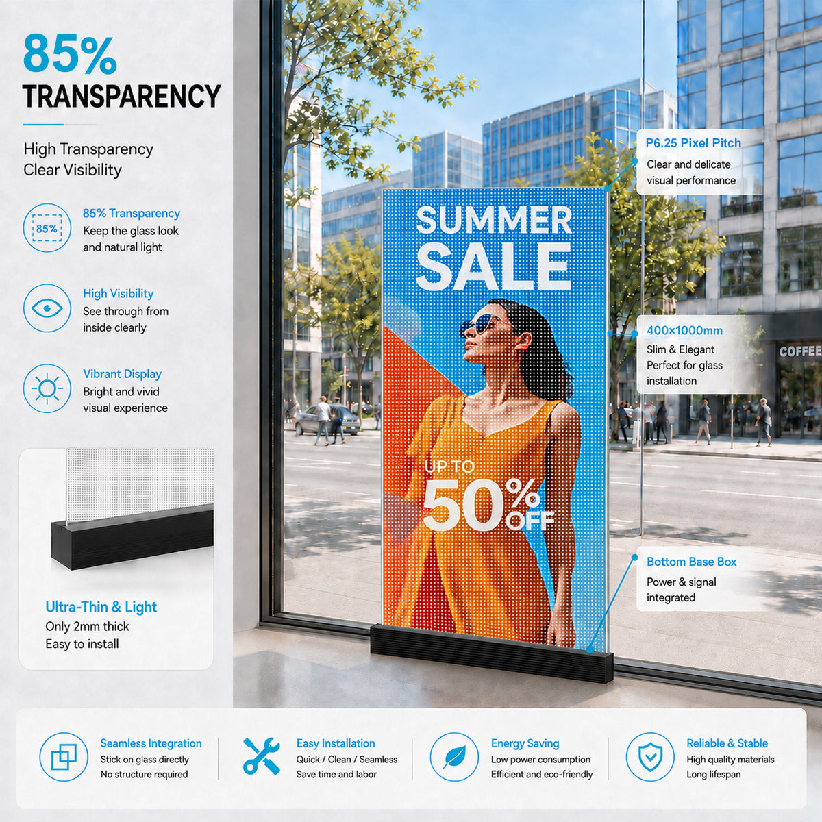 P6.25 Hochtransparente selbstklebende LED-Folie – 400 × 1000 mm (15,75 × 39,37 Zoll) | 2000/4000 Nits | 90 % Transparenz Glasaufkleber-Display für Schaufenster und Glasinnenwände | Mehrere Kit-Optionen | Plug &amp; Play