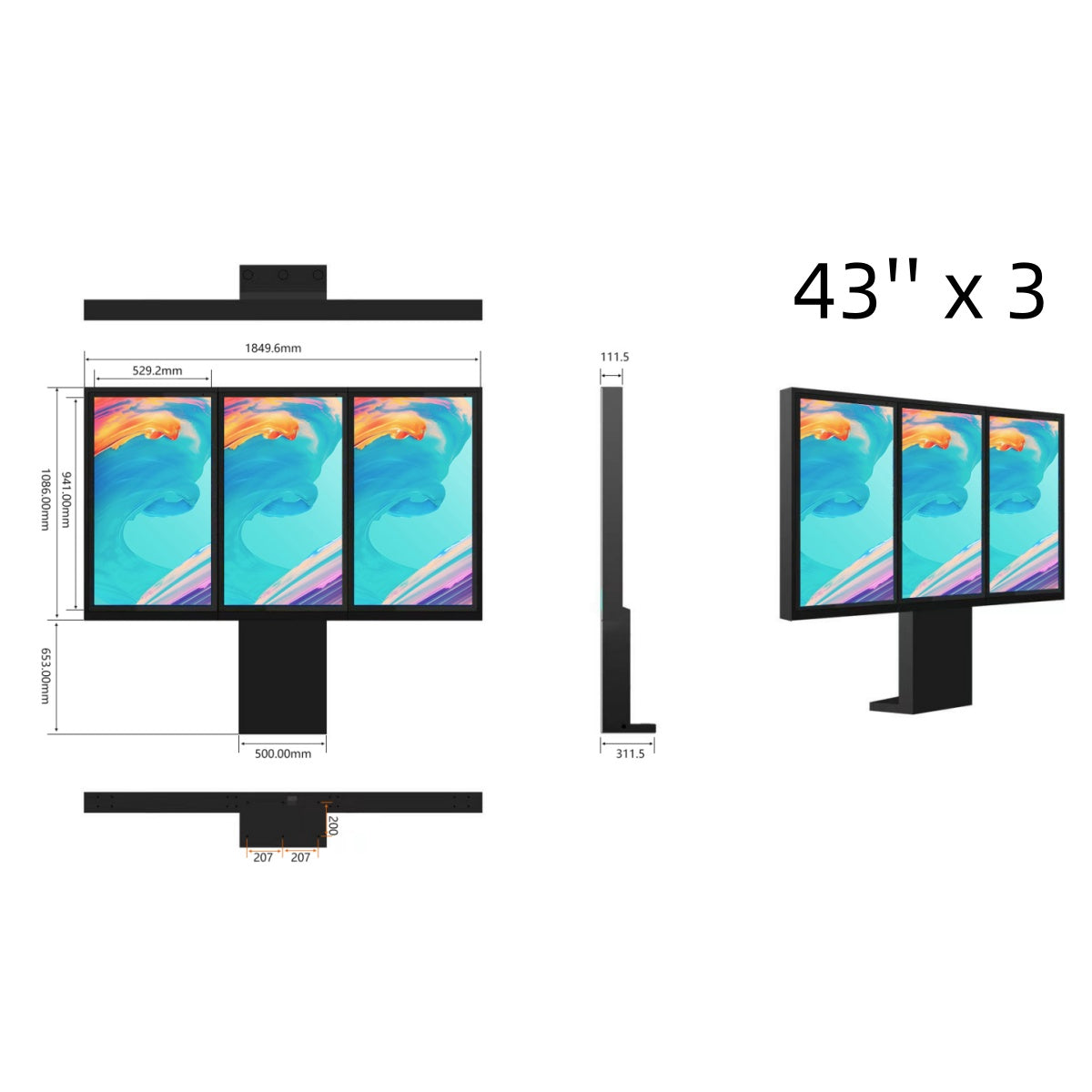 2500-Nit IP66 Outdoor High-Brightness LCD Digital Signage | Triple Side-by-Side Screens | 43", 49" & 55" | Floor-Standing | Optional Touchscreen
