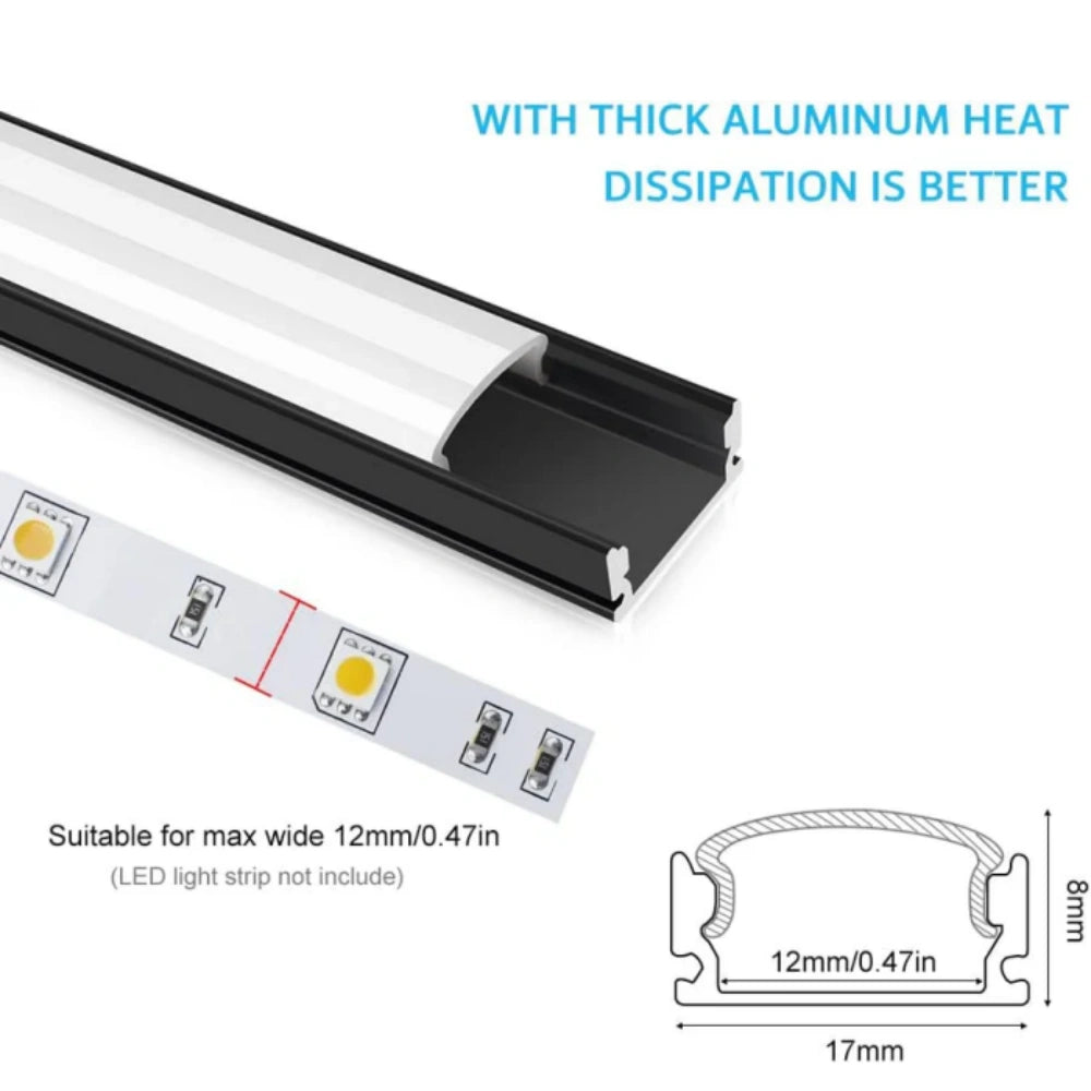 Profilés LED en aluminium en forme de U – Convient pour bande LED de 1 à 12 mm | 1 mètre | Argenté / Noir | Blanc laiteux / Noir | Avec accessoires d'installation | Pliables | Paquets de 5 / 6 / 10 / 12 / 20 | Stock local États-Unis/Royaume-Uni