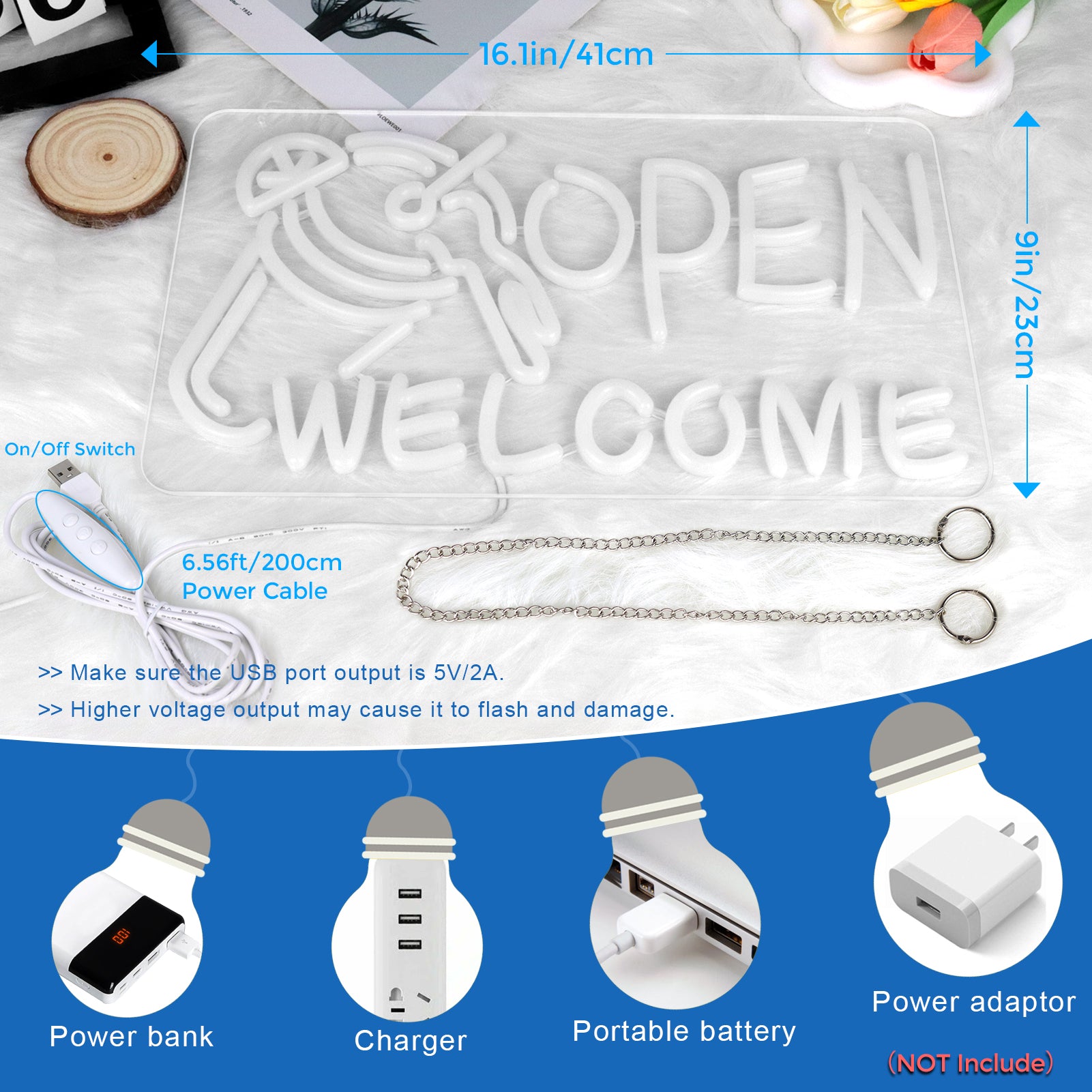 OPEN WELCOME Neon Sign – USB Powered | 16×9 inch (41×23 cm) | Multicolor Glow | LED Window Light with Cocktail Design for Bar, Café, Storefront