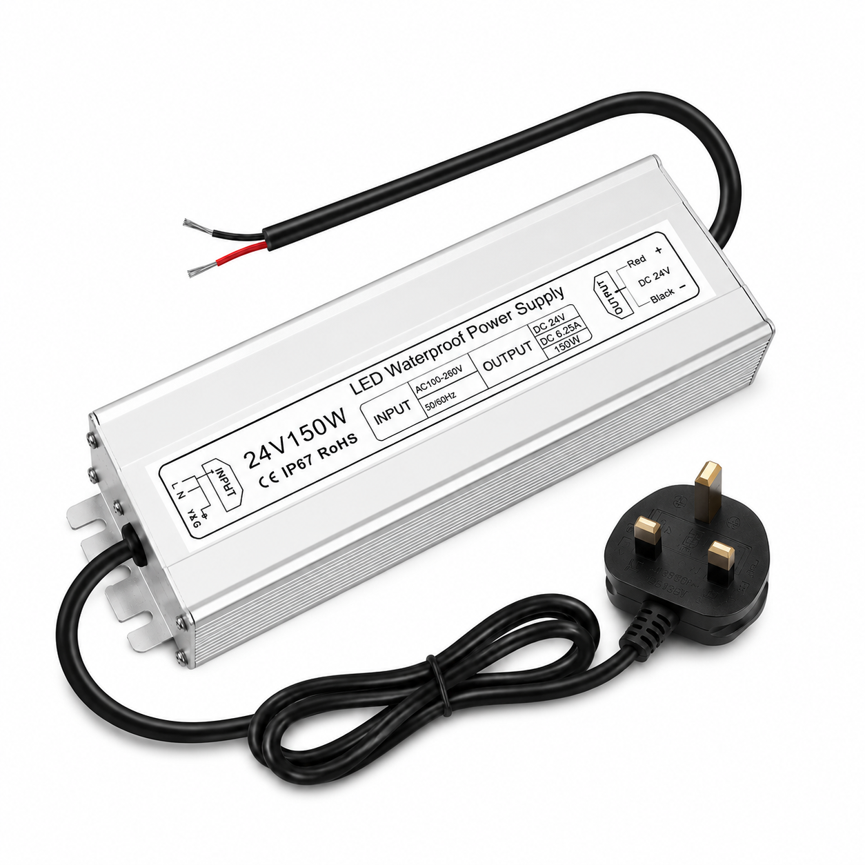 24V Waterproof LED Power Supply 30W–300W, 90–265V Input, Single/Dual Wire Output, Aluminum Housing, Outdoor LED Driver, CE/RoHS/FCC — US/UK/EU Plug & Wire Leads Options