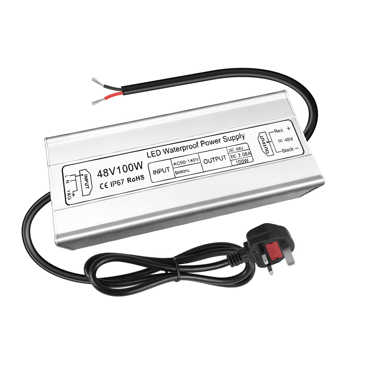 48V LED Power Supply, 175–265V Input, 100W–400W, Constant Voltage Transformer, Aluminum Housing, IP67 Waterproof SMPS, CE/RoHS/FCC — UK/EU Plug & Wire Leads Options