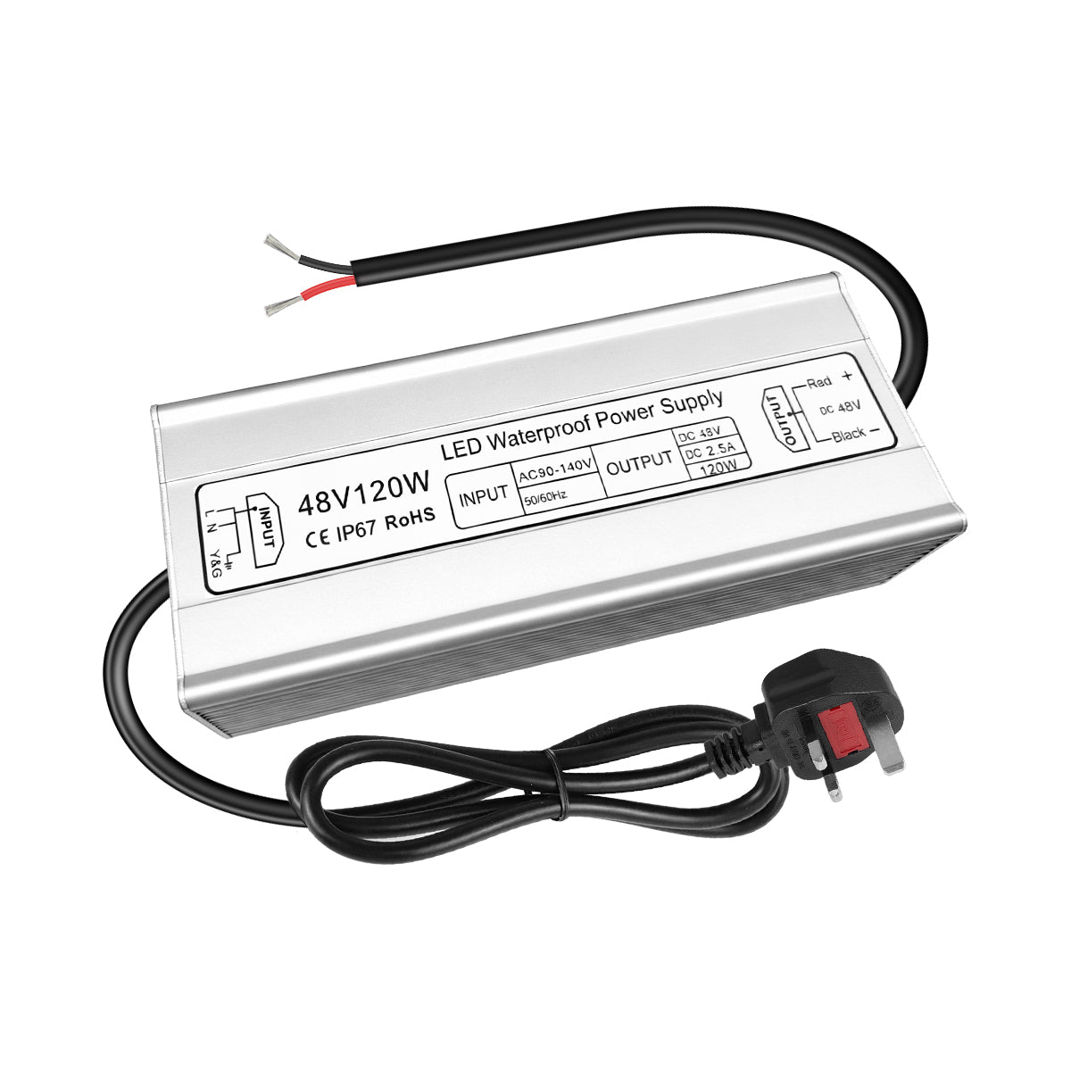 48V LED Power Supply, 175–265V Input, 100W–400W, Constant Voltage Transformer, Aluminum Housing, IP67 Waterproof SMPS, CE/RoHS/FCC — UK/EU Plug & Wire Leads Options