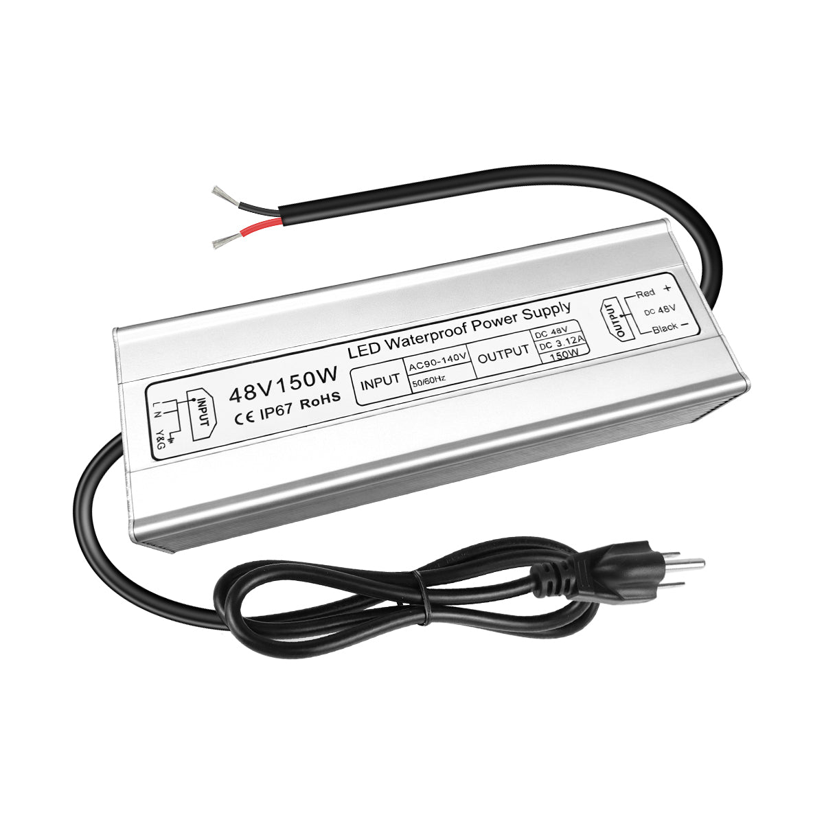 48V LED Driver, 90–140V Input, 100W–400W, Single Output Constant Voltage Power Supply, Aluminum Housing, IP67 Waterproof, CE/RoHS/FCC — US Plug & Wire Leads Options