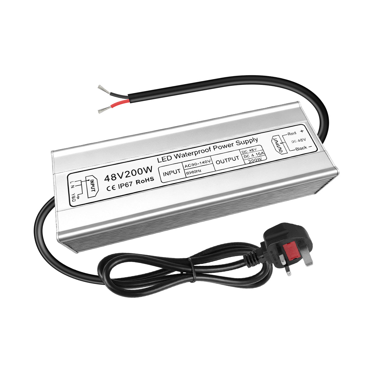 48V LED Power Supply, 175–265V Input, 100W–400W, Constant Voltage Transformer, Aluminum Housing, IP67 Waterproof SMPS, CE/RoHS/FCC — UK/EU Plug & Wire Leads Options