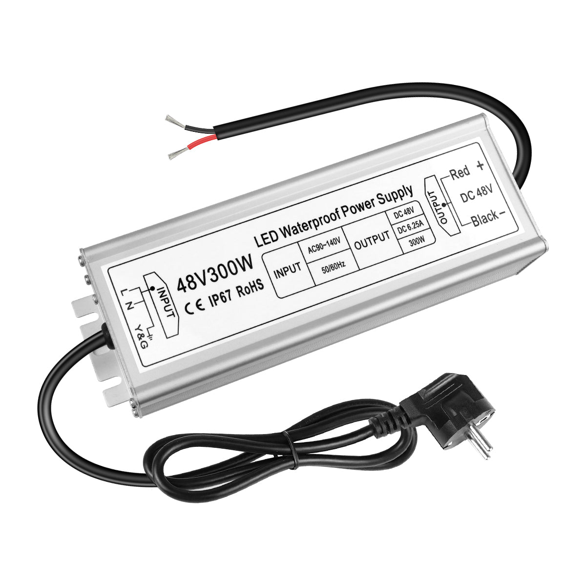 48V LED Power Supply, 175–265V Input, 100W–400W, Constant Voltage Transformer, Aluminum Housing, IP67 Waterproof SMPS, CE/RoHS/FCC — UK/EU Plug & Wire Leads Options