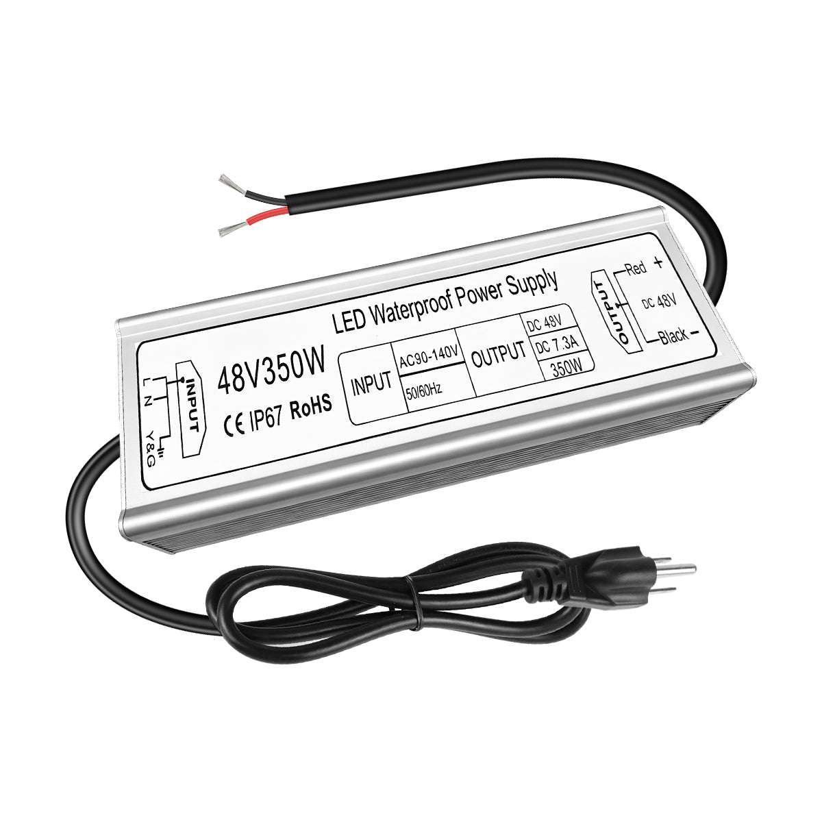 48V LED Driver, 90–140V Input, 100W–400W, Single Output Constant Voltage Power Supply, Aluminum Housing, IP67 Waterproof, CE/RoHS/FCC — US Plug & Wire Leads Options