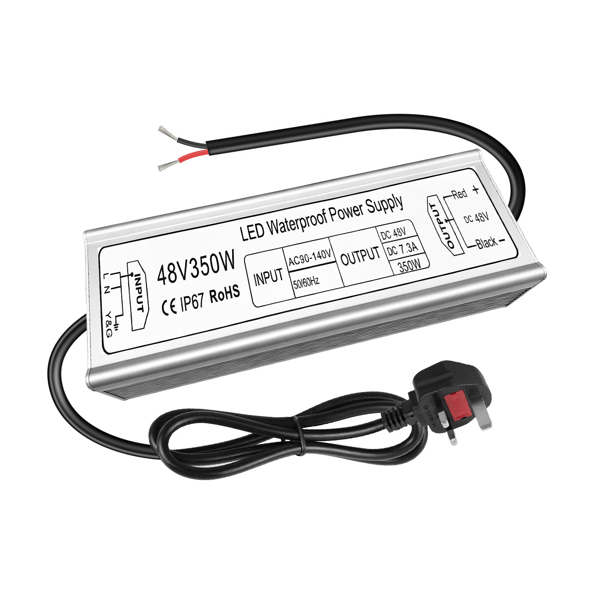 48V LED Power Supply, 175–265V Input, 100W–400W, Constant Voltage Transformer, Aluminum Housing, IP67 Waterproof SMPS, CE/RoHS/FCC — UK/EU Plug & Wire Leads Options