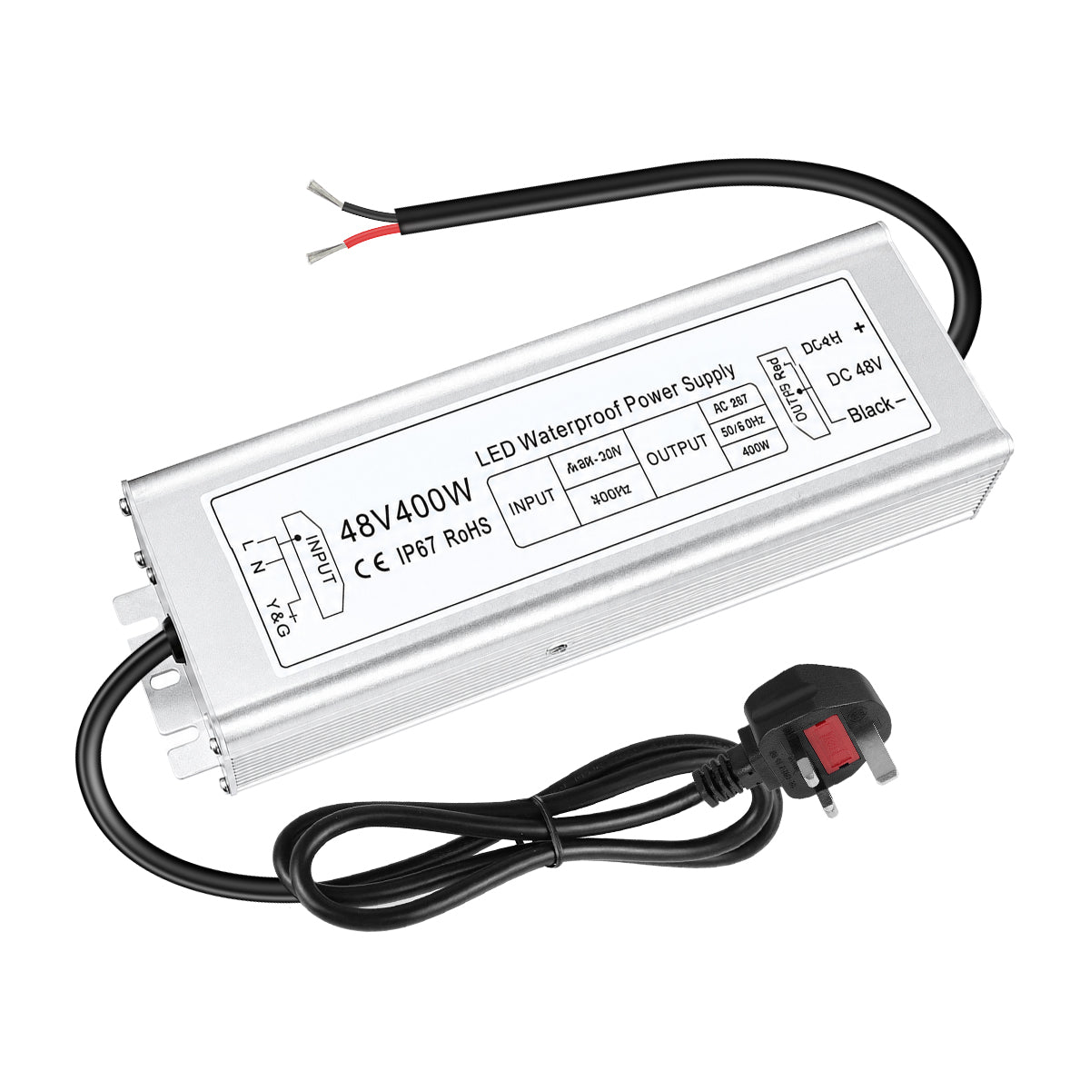 48V LED Power Supply, 175–265V Input, 100W–400W, Constant Voltage Transformer, Aluminum Housing, IP67 Waterproof SMPS, CE/RoHS/FCC — UK/EU Plug & Wire Leads Options