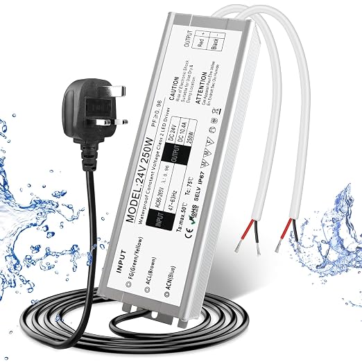 24V Waterproof LED Power Supply 30W–300W, 90–265V Input, Single/Dual Wire Output, Aluminum Housing, Outdoor LED Driver, CE/RoHS/FCC — US/UK/EU Plug & Wire Leads Options
