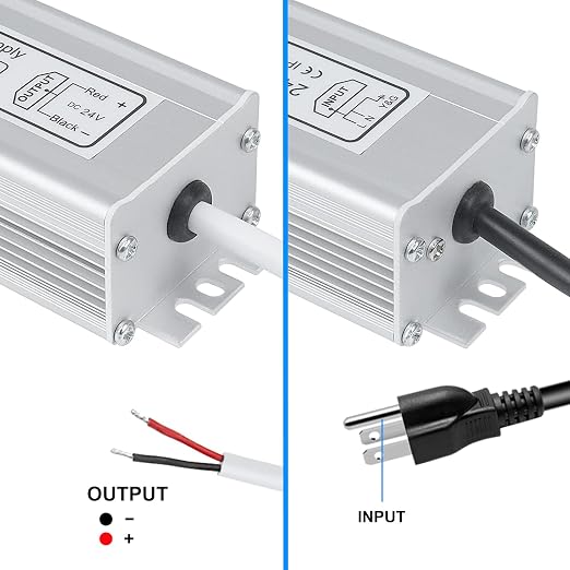 24V Waterproof LED Power Supply 30W–300W, 90–265V Input, Single/Dual Wire Output, Aluminum Housing, Outdoor LED Driver, CE/RoHS/FCC — US/UK/EU Plug & Wire Leads Options