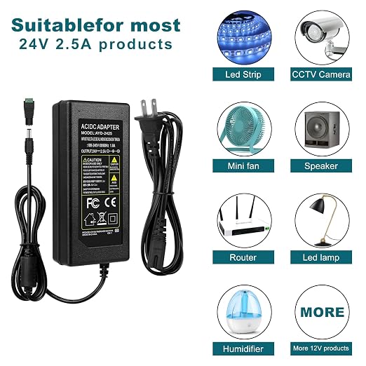 DC 24V Desktop Power Supply Adapter 60W–120W, AC 100–240V Input, Switching Transformer Charger with US Plug — for LED Strip Lights, 3D Printers, CCTV, and Electronics