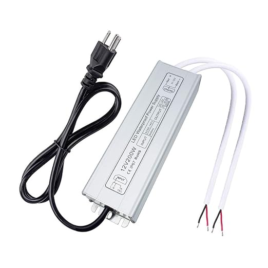 12V Waterproof LED Transformer, 90–140V Input, 200W–500W, Single/Dual Wire Output, Aluminum Housing, CE/RoHS/FCC — US Plug & Wire Leads Options