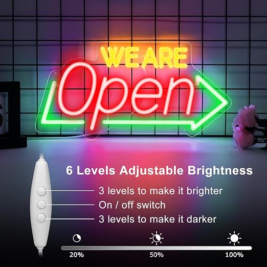 WE ARE OPEN Integrated LED Signs – USB Powered | 16.1×7.8 inch | Arrow Shape LED Window Sign |  Yellow + Red + Green Glow for Storefront Display