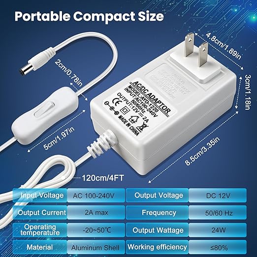 DC 12V Power Supply Adapter with On/Off Switch, 24W/36W Options, US Plug, White Housing, 100–240V AC Input, Wall Plug Charger for LED Strip Lights and Electronics