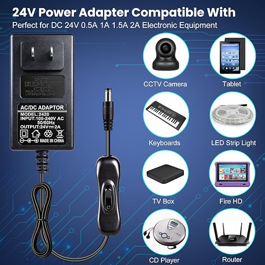 DC 24V Power Supply Adapter with On/Off Switch, 48W/72W Options, US Plug, Black Housing, 100–240V AC Input, Wall Plug Charger for LED Strip Lights and Electronics