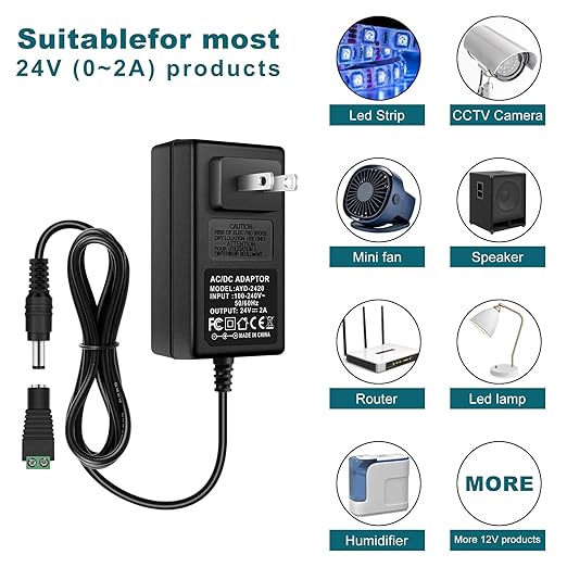 DC 24V Power Supply Adapter 60W, AC 100–240V to 24V Switching Transformer, LED Driver Wall Plug Charger with US Plug, Black Case