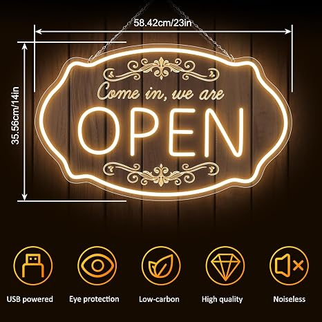 WIR HABEN GEÖFFNET – Neonschild – USB-betrieben | 41×20 cm (16×8 Zoll) | Pfeilförmiges LED-Fensterschild | 3 Farbkombinationen für die Schaufensteranzeige