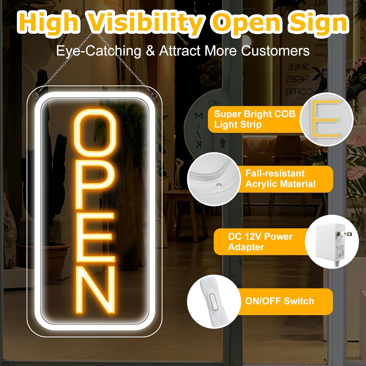 OPEN Neon-LED-Schild – Vertikal rechteckig | 5 Leuchtfarbenoptionen | 16×9 / 23×12 Zoll | Fensteraufhängung | Plug &amp; Play für Schaufenster