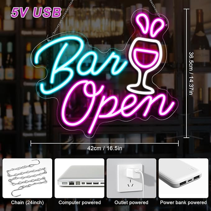 OPEN-Neonschild – Großes „O“ | 5 Leuchtfarbenoptionen | 42×22 cm (17×9 Zoll) | Fensteraufhängung | Plug &amp; Play für Schaufenster