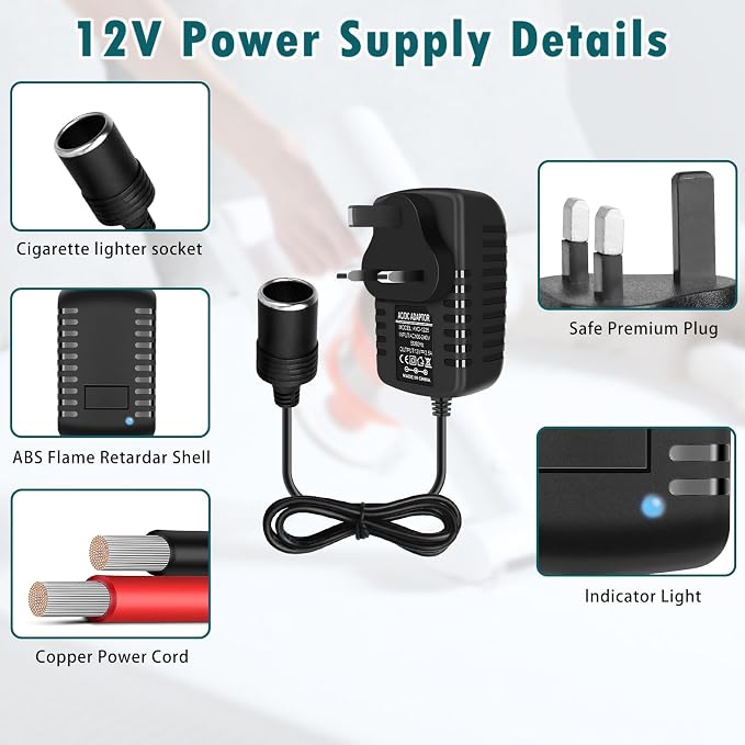 DC 12V Cigarette Lighter Power Supply Adapter 30W, AC 100–240V to 12V Converter Transformer, Car Socket Charger for Pump, Cooler, LED Lights — UK Plug