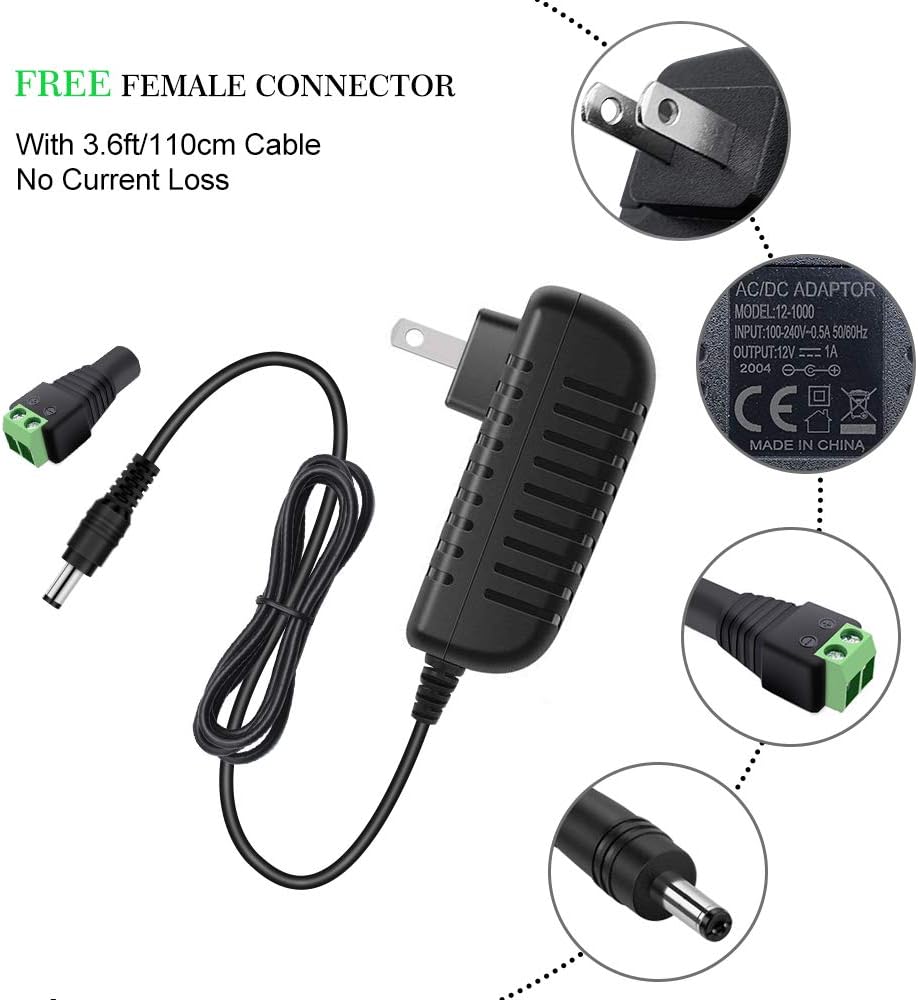 12-V-Netzteiladapter 12 W/24 W, AC 100–240 V Eingang, Wandstecker-Transformator, schwarzes Gehäuse – US/UK-Stecker, LED-Treiber für Streifen/CCTV/Elektronik 