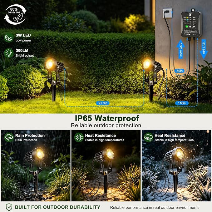 All-in-One Low Voltage Landscape Lighting Kit - 6 / 8 Pack Landscape Lights with Smart Transformer | 3000K Warm White | IP65 Waterproof | Outdoor Lights for Yard Garden Pathway